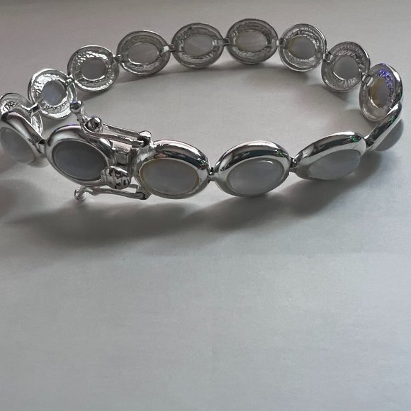 FAS 925 Silver White Agate Stone Cabochon Bracelet - Picture 2 of 11